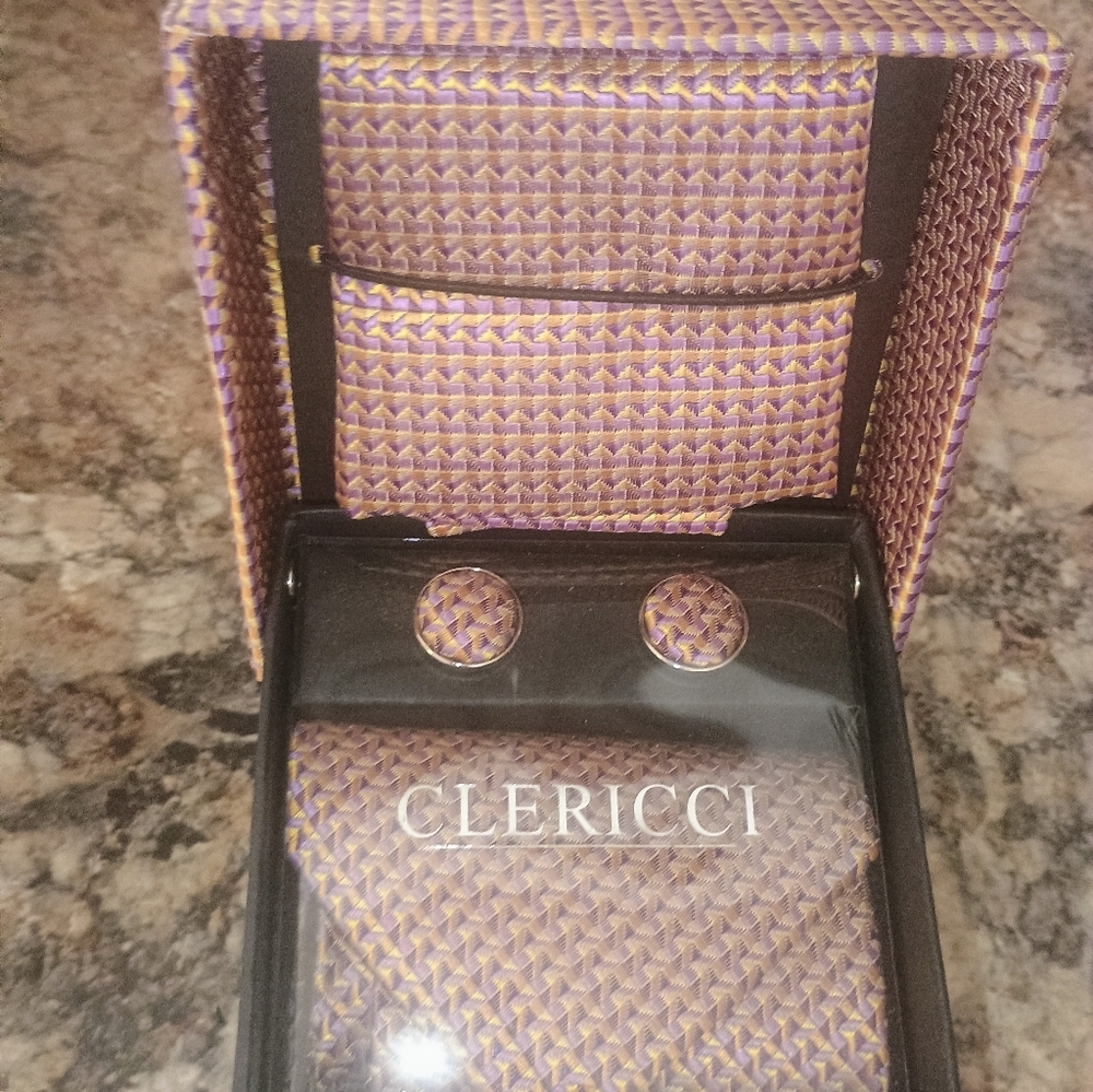 CLERICCI MENS GIFT SET TIE HANKIE & CUFF LINK DESIGNER BOX. - Picture 3 of 7